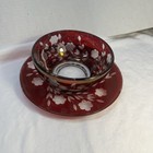 Antique  Bohemian 5    Ruby Cut To Clear Etched Floral Design Bowl   Plate