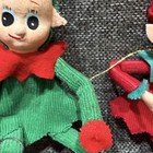 Vintage Christmas Pixie Elf Dolls Pair Red Green Posable Fabric Holiday Decor