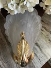 2 Stunning French Art Deco Revival Peacock Sconces  Brass W etched Glass Shades