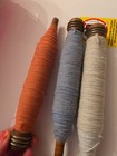 Vintage Lot Of 3 Wooden Spindles Spools Bobbins Quills With Thread Textile