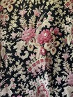 Antique 19thc French Roses Scroll Floral Cotton Fabric   Pink On Black