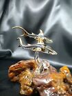 2 Glass Sharks On Large Wood Burl Clear Gold Hand Blown Figurine Figure Shark 