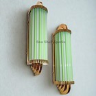 Pair Vintage Art Deco Wall Sconce Brass Opaline Green Milk Glass Light Fixture