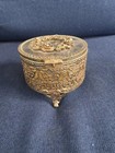 Vintage Gold Ormolu Rose Filigree Jewelry Box Round Beveled Glass Jcpenney Crest