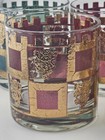 Vintage Mcm Rocks Glass Set 7 Metallic Gold Checker Crest Tumblers Barware