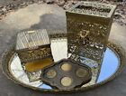 Vintage Mirror Oval Vanity Set Gold Tone Filigree Tissue Trinket Box Tray