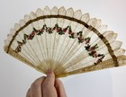Antique Carved Horn Hand Fan French 19th Century Hand Painted Roses