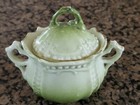 Petite Mustard Pot W  Lid Hand Painted Green Gold White Collectible Antique Vtg 