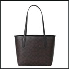 Coach Cu759 Small City Tote Signature Coated Canvas Black Brown Outlet New