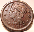 1857  p  Braided Hair Large Cent Large Date Vf Detail Key Date
