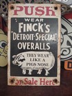 Rare Finck s Detroit  Overall Dealer Porcelain Metal Sign Work Wear Denim Pig