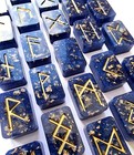 Futhark Handmade Resin Runes Pearl Blue And Gold Leaf  With Rune Meaning Cards 