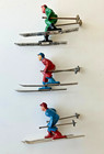 3 Vintage Barclay manoil Lead Skiers Red Green Blue W metal Skis And Ski Poles