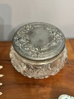 Vintage Art Nouveau Cut Crystal Vanity   Powder Jar With Silver Lid  large