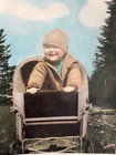 Antique Hand Colored Photo Of Baby In Carriage  Smiling  Outside 10 25  X 6 75 
