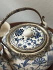 Vintage Chinese Blue And White Teapot With 5 Cups Set With Pewter Embelishments