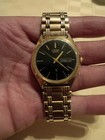 Citizen Quartz Mens Day date Black Dial Gold Tone Bracelet Watch 35mm Vintage