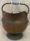 Antique Vtg Large Copper   Brass Coal Scuttle Bucket Porcelain Handles Lion Head