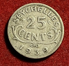 Seychelles 25 Cents 1939 Silver Coin Km 2 36k Mintage T7819