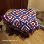Handmade Crochet Granny Square Afghan Throw Blanket Red White Blue Patriotic