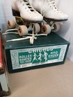 Vintage Chicago Roller Skates  wooden Wheels womans Sz 6  Metal Carry Case   Box