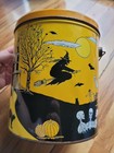 Vtg Halloween Popcorn Plus Orange Tin Bucket Pumpkin Witch Ghost Blk Cat Motif 