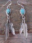 Native American Sterling Silver   Turquoise Feather Dangle Earrings By Mccarthy