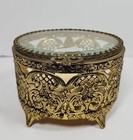 Antique Glass Ormolu Filigree Gold Plated Jewelry Casket Trinket Crystal 4  X 3 