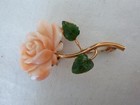 Vintage Carved Shell Rose Flower Pin pendant Jade Leaves Gold-plated 1 75 