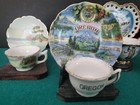 Vintage Lot Of 6-  Miniature Travel Souvenirs Tea Cups  Saucers  With Stands
