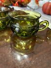 Vintage Indiana Glass Coffee Cups Mugs Green Kings Crown Thumbprint Set Of 4
