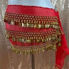 Red Belly Dance Hip Scarf Gold Coin Bead Chiffon Wrap Belt Festival One Size