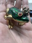 Metal Frog Trinket Box Hinged Lid Green Enamel Gold Tone Crown Red Eyes