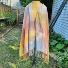 Oversized Plaid Blanket Scarf Wrap Shawl Fringed Yellow Peach Grey