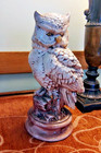 Vtg 70s Lg Ceramic Owl Statue Tall Cream Brown Orange Hand Painted Figure Mcm