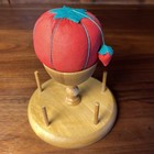 Vintage Sewing Caddy Wood Pincushion And  Thread Holder Tomato Pin Cushion