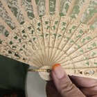 Vintage Chinese  Lucite Handfan Lace Detail And Pearls With Wood Ribs Handle