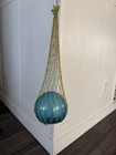 Vtg Small Hand Blown Blue Glass Ball Fishing Float Buoy Globe In Hanging Net