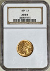 Us 1854 P  3 00 Gold Indian Princess Pcgs Au 58  3 00 Coin