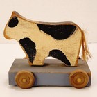 Vtg Wood Primitive Folk Art Painted Carved Cow Wheeled Pull Toy Farmhouse 4 25 