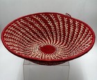 African Coiled Basket  Uganda Hand Woven  Vivid Red   Cream Spiral Design 12   