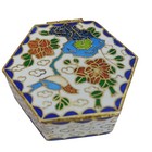 Vintage Cloisonn   Hexagonal Pill Box     Floral   Crane Motif Blue Enamel Interior