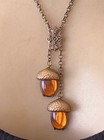 Victorian Revival Acorn Necklace Amber Topaz Glass Double Brass Pendant