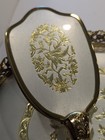 Vtg Vanity Dresser Set Metal Tray mirror  Brush comb Gold   White W birds Usa 