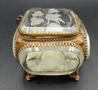 Antique French Rare Etched Beveled Glass Square Casket Trinket Brass Jewel Box