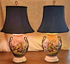 Antique 1890s Hand-painted Birds In Nest Pair Of Pink   Black Porcelain Lamps