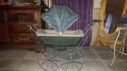 Vintage Green Metal Baby Carriage Pram W  Gray Fabric Folding Canopy