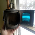 Antique 3 Sided Nautical Ship s Signal Light With Blue Glass