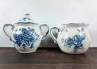 Maxcera Blue   White Toile Large Creamer   Sugar Bowl Set Floral Bunny Roses