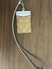 Coach Signature Leather Id Card Holder Lanyard- Light Khaki blue
